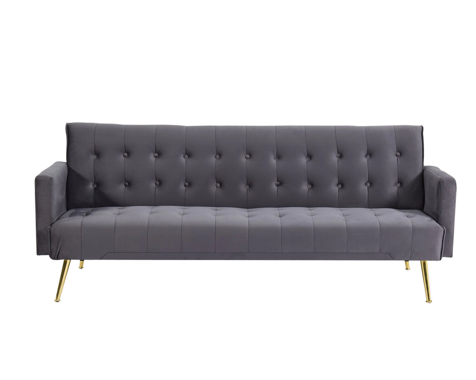 Grey Velvet Convertible Sofa Bed with Gold Metal Legs Button Detail