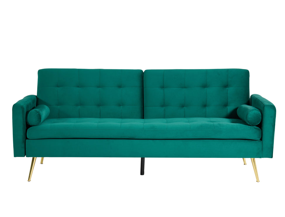 Comfy Velvet 3 Seater Sofa Bed With Contrast Gold Metal Legs Button Detail Click Clack