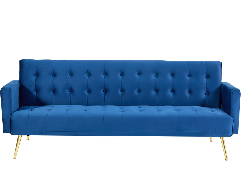 Blue Velvet Convertible Sofa Bed with Gold Metal Legs Button Detail
