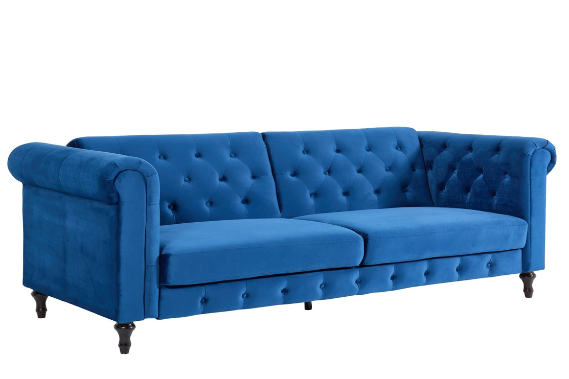 Tuscany Blue Velvet Sofa Bed 3 Seater Button Detail