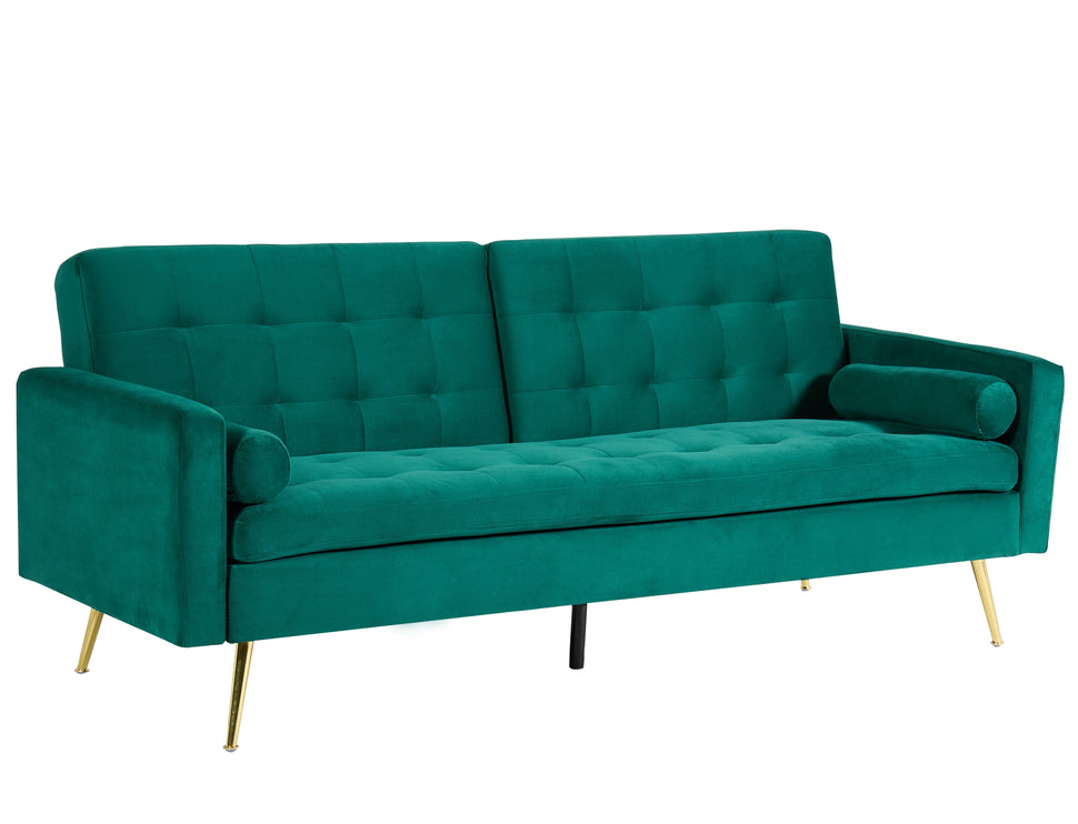 Comfy Velvet 3 Seater Sofa Bed With Contrast Gold Metal Legs Button Detail Click Clack
