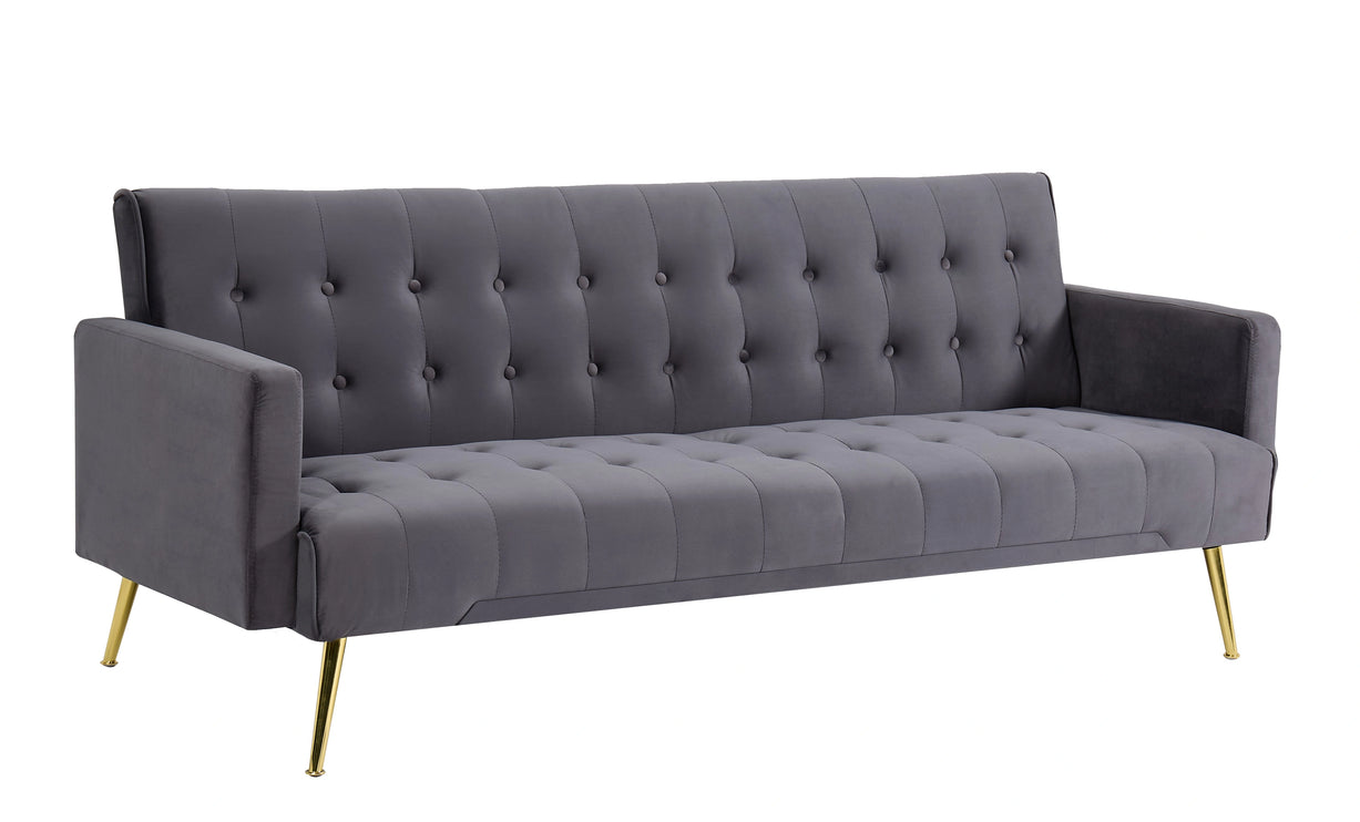 Grey Velvet Convertible Sofa Bed with Gold Metal Legs Button Detail