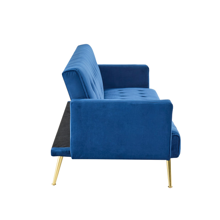 Blue Velvet Convertible Sofa Bed with Gold Metal Legs Button Detail