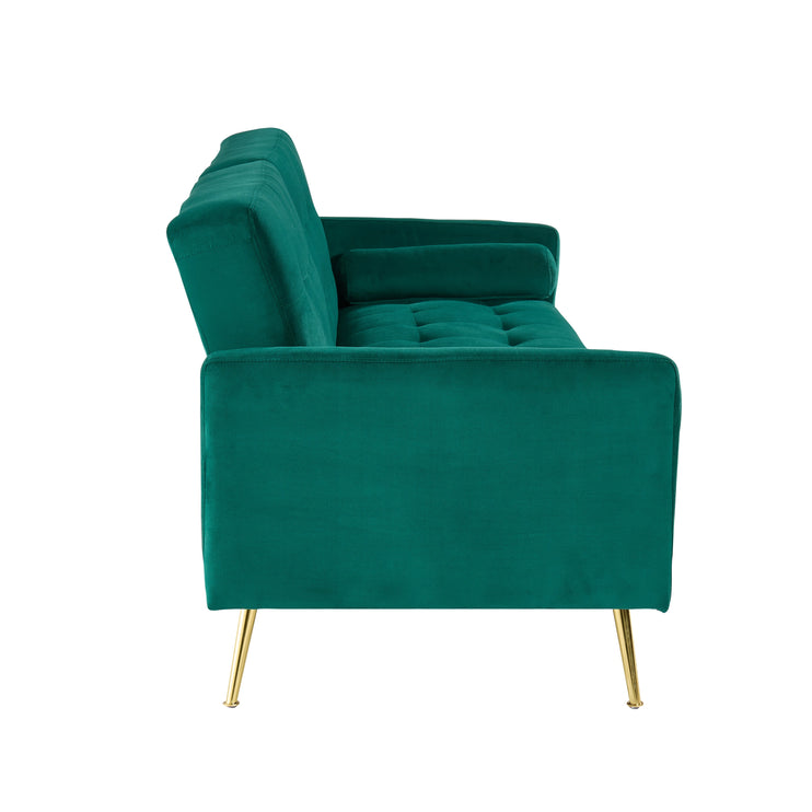 Comfy Velvet 3 Seater Sofa Bed With Contrast Gold Metal Legs Button Detail Click Clack