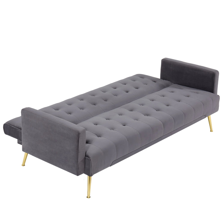 Grey Velvet Convertible Sofa Bed with Gold Metal Legs Button Detail