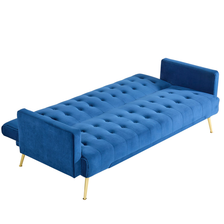 Blue Velvet Convertible Sofa Bed with Gold Metal Legs Button Detail