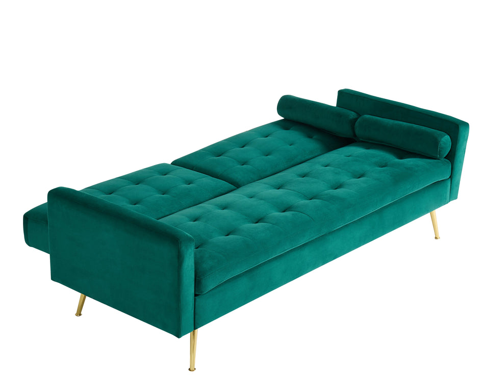 Comfy Velvet 3 Seater Sofa Bed With Contrast Gold Metal Legs Button Detail Click Clack