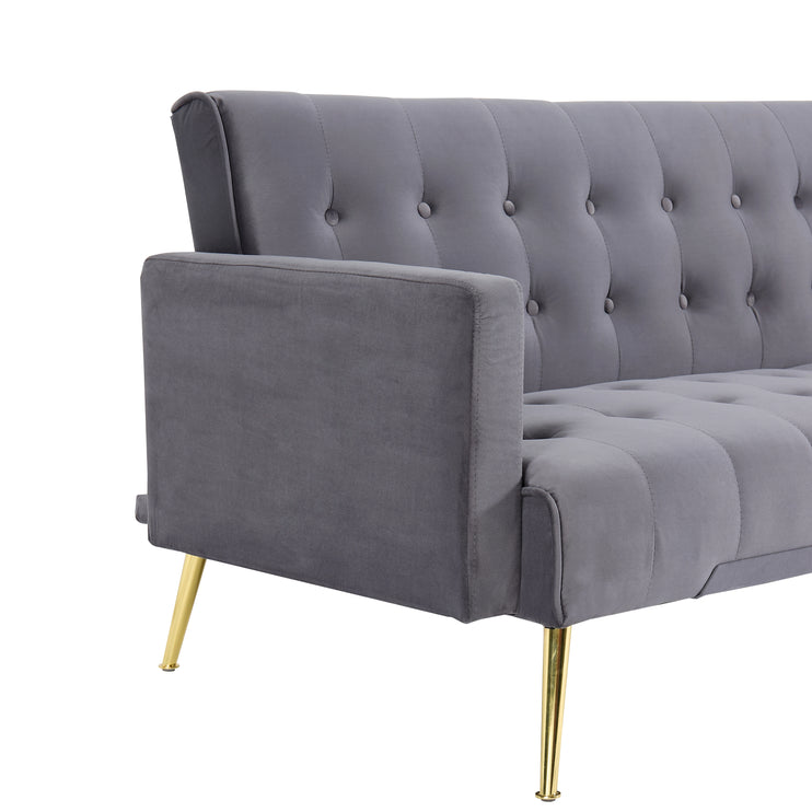 Grey Velvet Convertible Sofa Bed with Gold Metal Legs Button Detail