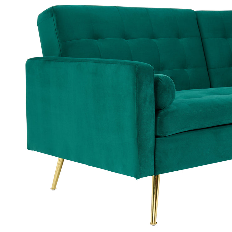 Comfy Velvet 3 Seater Sofa Bed With Contrast Gold Metal Legs Button Detail Click Clack