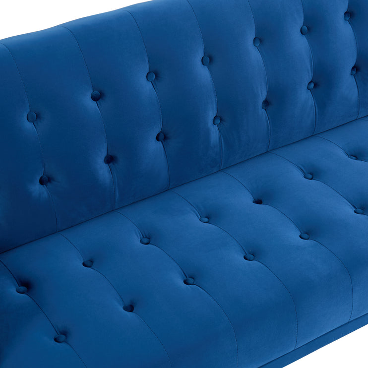 Blue Velvet Convertible Sofa Bed with Gold Metal Legs Button Detail