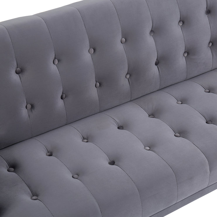 Grey Velvet Convertible Sofa Bed with Gold Metal Legs Button Detail