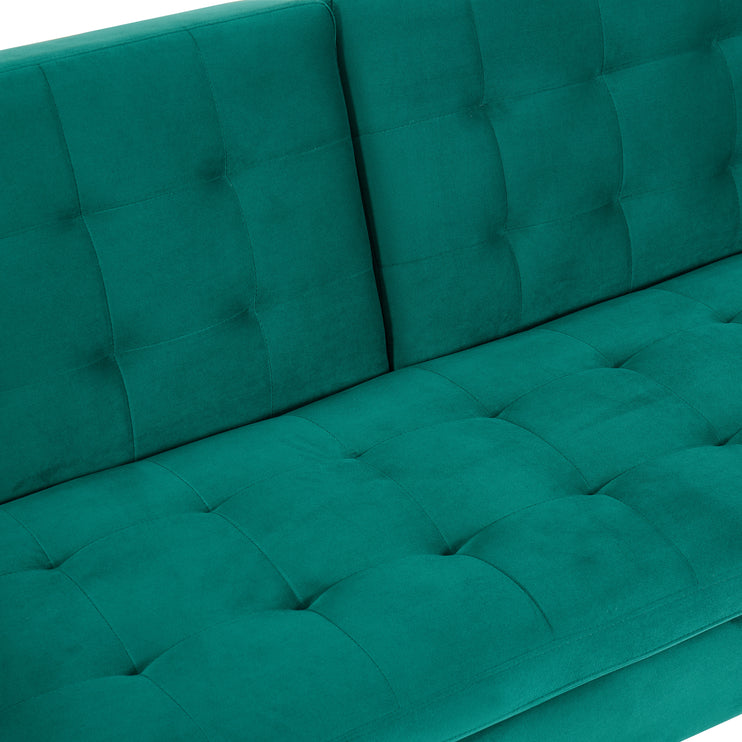 Comfy Velvet 3 Seater Sofa Bed With Contrast Gold Metal Legs Button Detail Click Clack