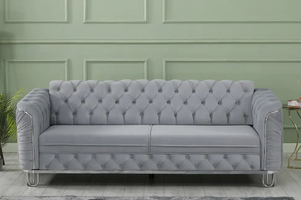ALMERA Sofa Bed in Grey Velvet with Chrome Detailing