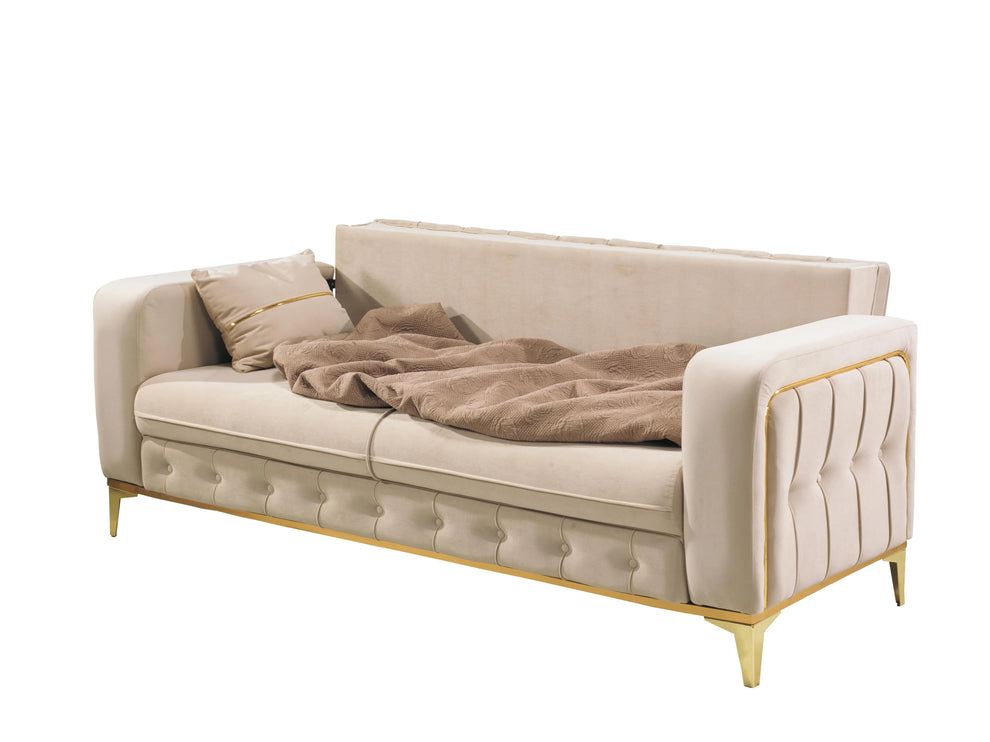 BERLIN Sofa Bed in Cream Velvet with Gold Detailing
