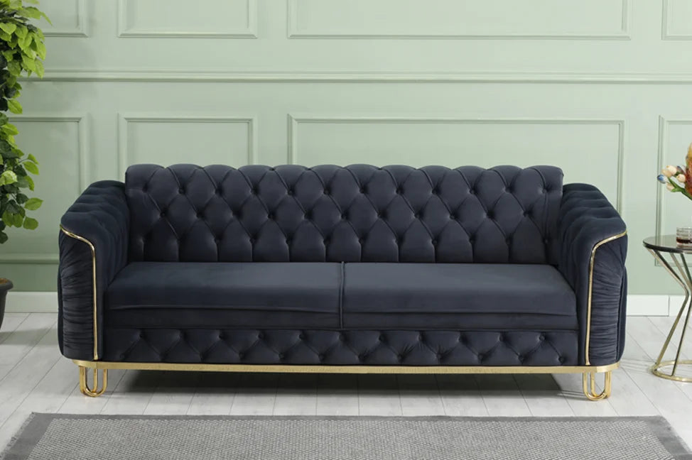 ALMERA Sofa Bed in Black Velvet with Gold Detailing