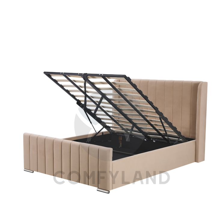 Beige Velvet Storage Bed