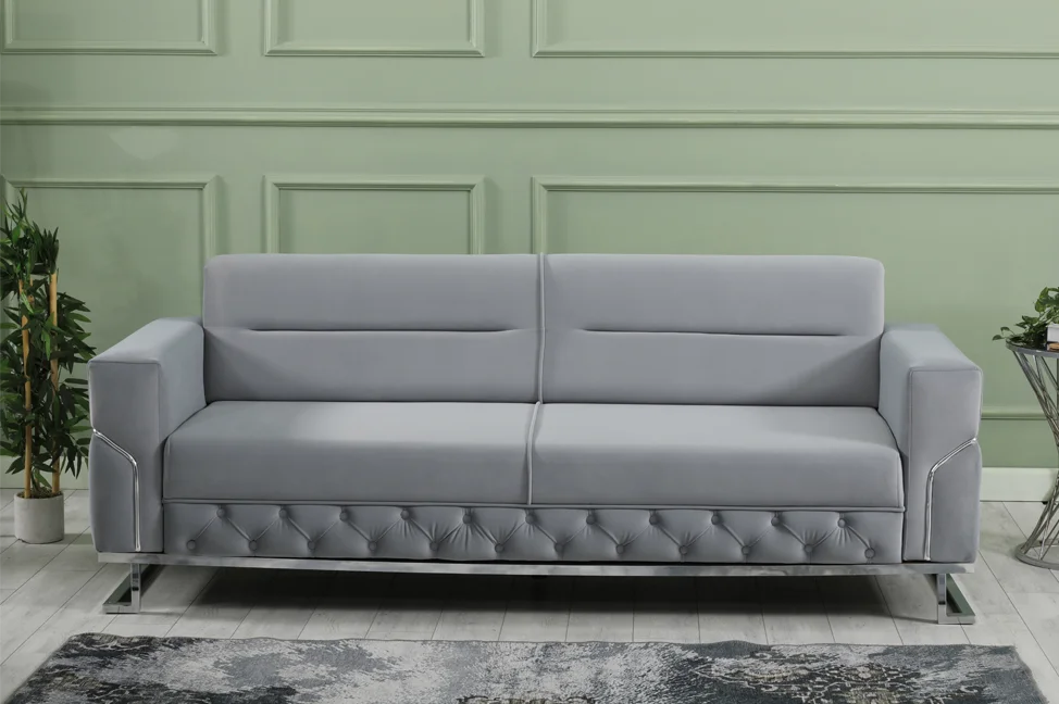 PARMA Sofa Bed in Grey Velvet with Chrome Detailing