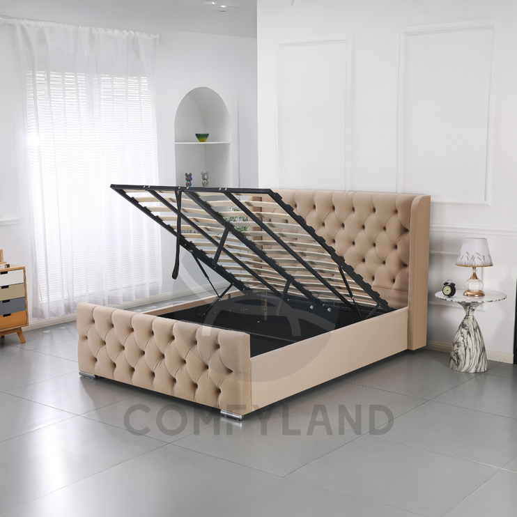 Chesterfield Beige Velvet Storage Bed