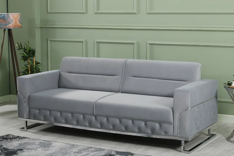 PARMA Sofa Bed in Grey Velvet with Chrome Detailing
