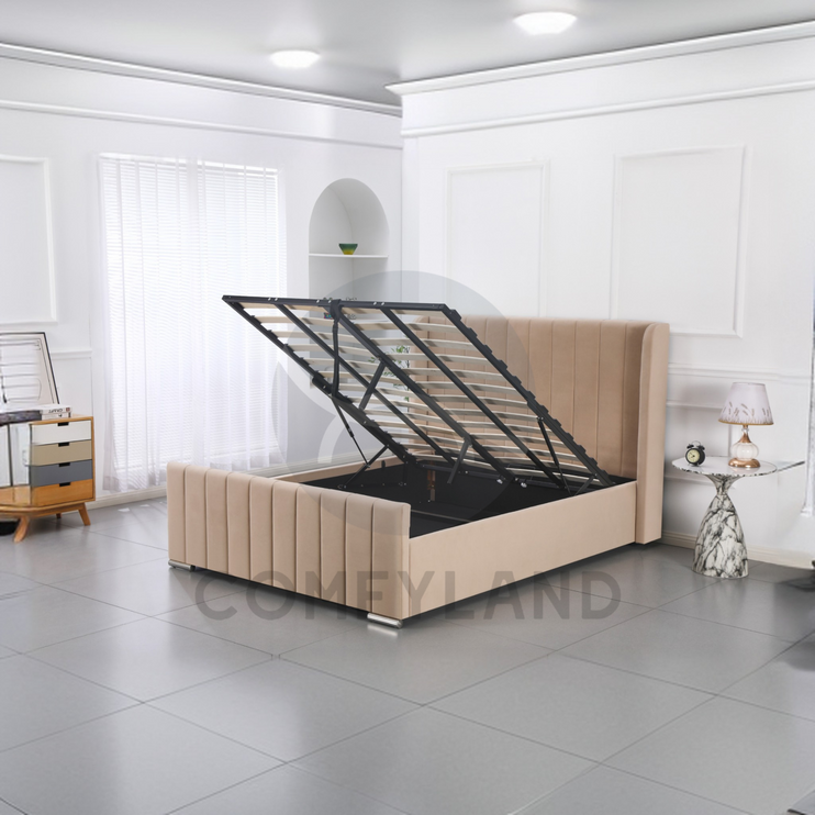 Beige Velvet Storage Bed
