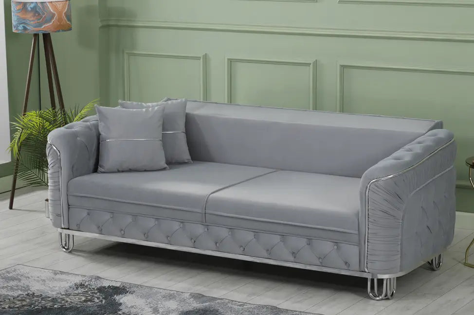 ALMERA Sofa Bed in Grey Velvet with Chrome Detailing