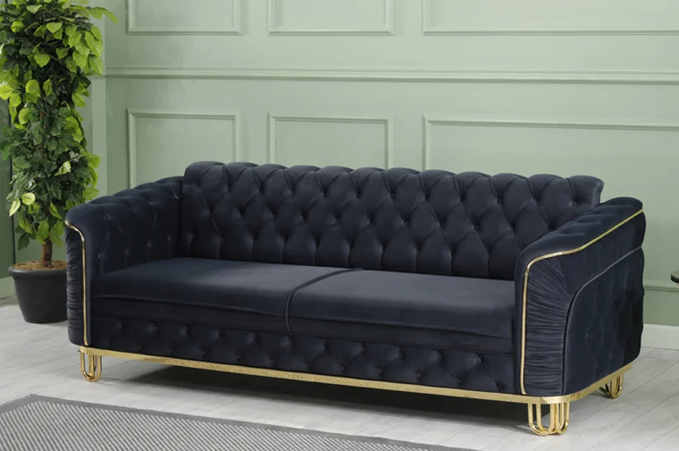 ALMERA Sofa Bed in Black Velvet with Gold Detailing