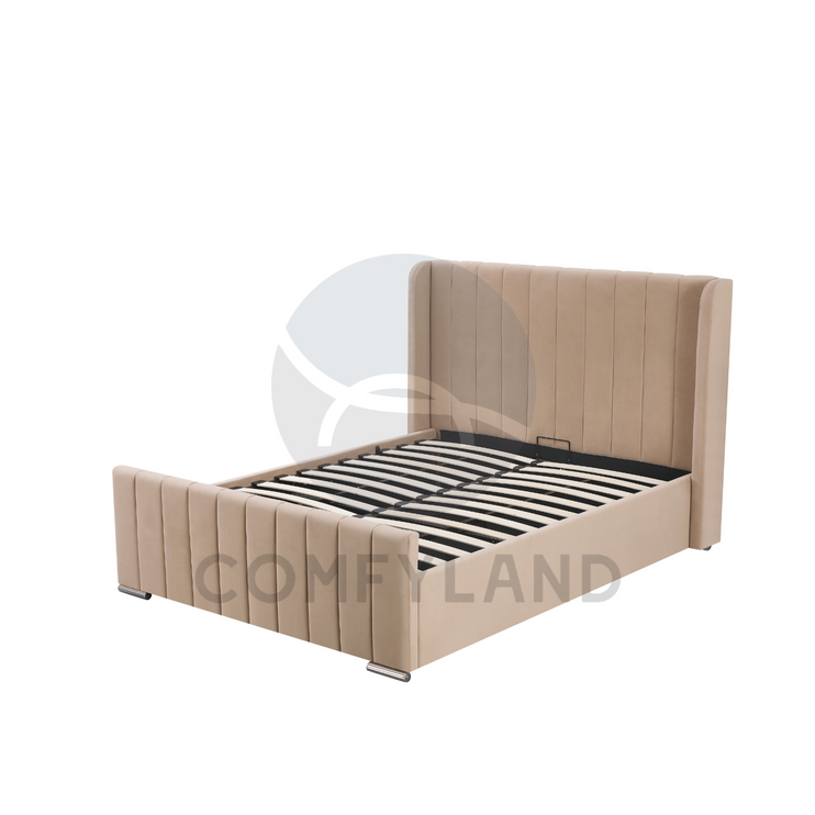 Beige Velvet Storage Bed