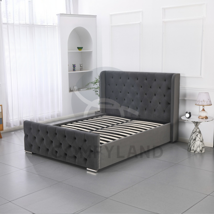 Chesterfield Grey Velvet Storage Bed