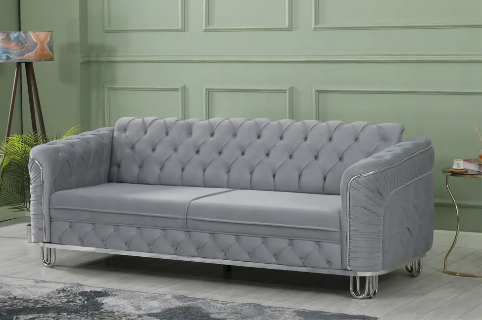 ALMERA Sofa Bed in Grey Velvet with Chrome Detailing