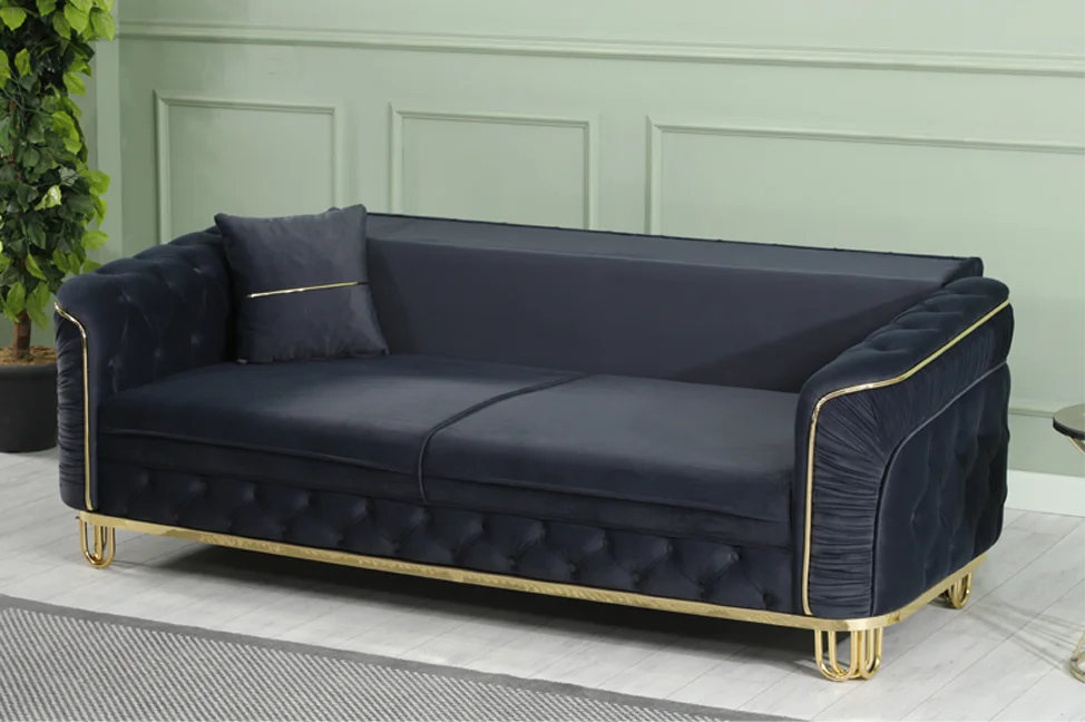 ALMERA Sofa Bed in Black Velvet with Gold Detailing