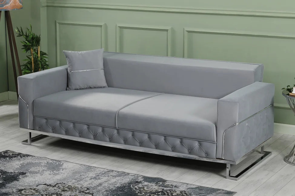 PARMA Sofa Bed in Grey Velvet with Chrome Detailing