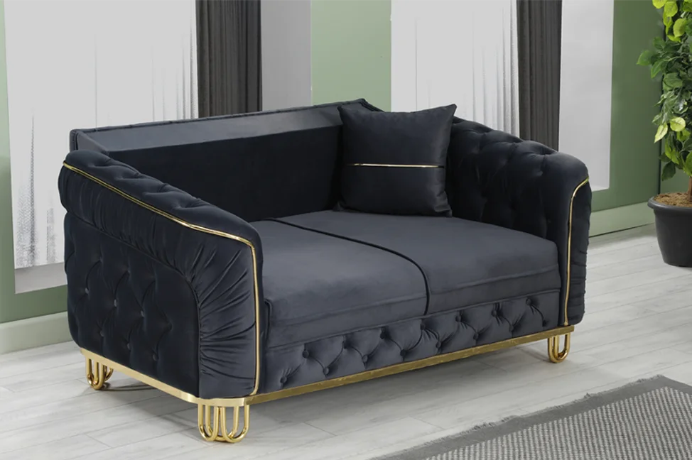ALMERA Sofa Bed in Black Velvet with Gold Detailing