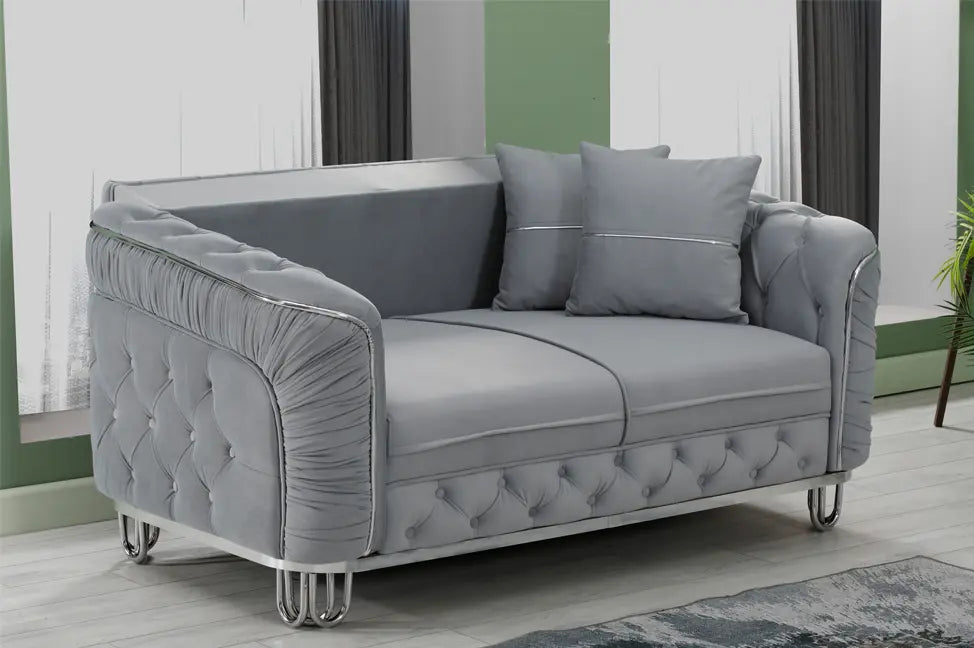 ALMERA Sofa Bed in Grey Velvet with Chrome Detailing