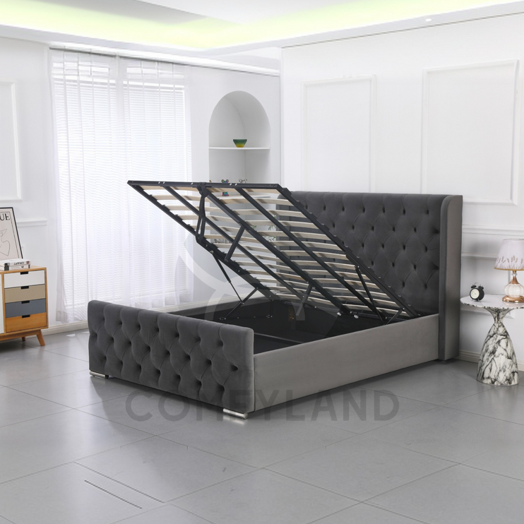 Chesterfield Grey Velvet Storage Bed