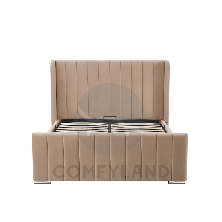 Beige Velvet Storage Bed
