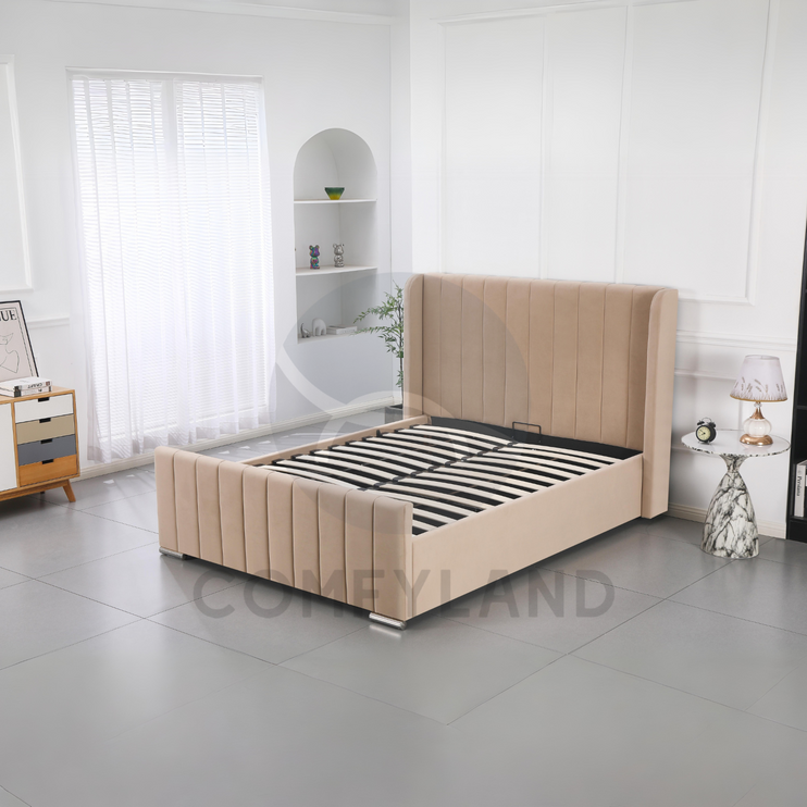 Beige Velvet Storage Bed