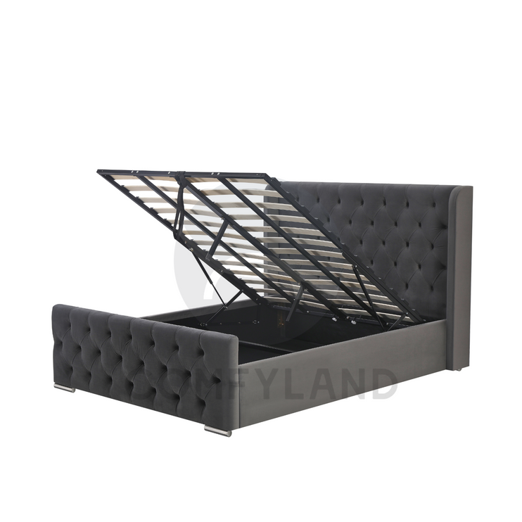 Chesterfield Grey Velvet Storage Bed