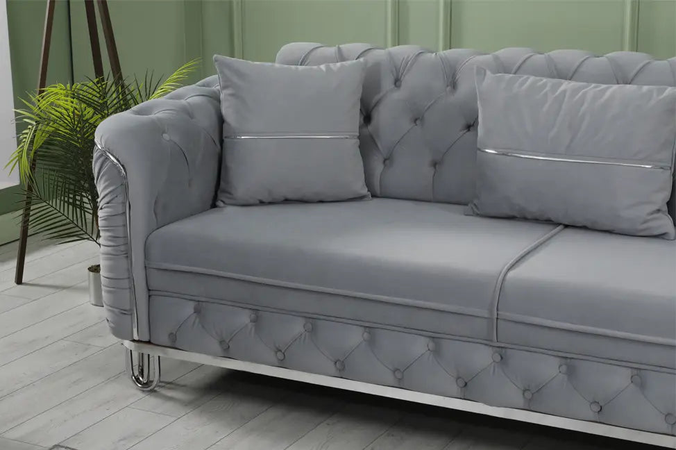 ALMERA Sofa Bed in Grey Velvet with Chrome Detailing