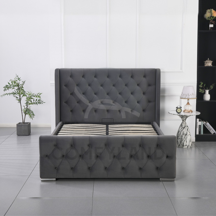 Chesterfield Grey Velvet Storage Bed