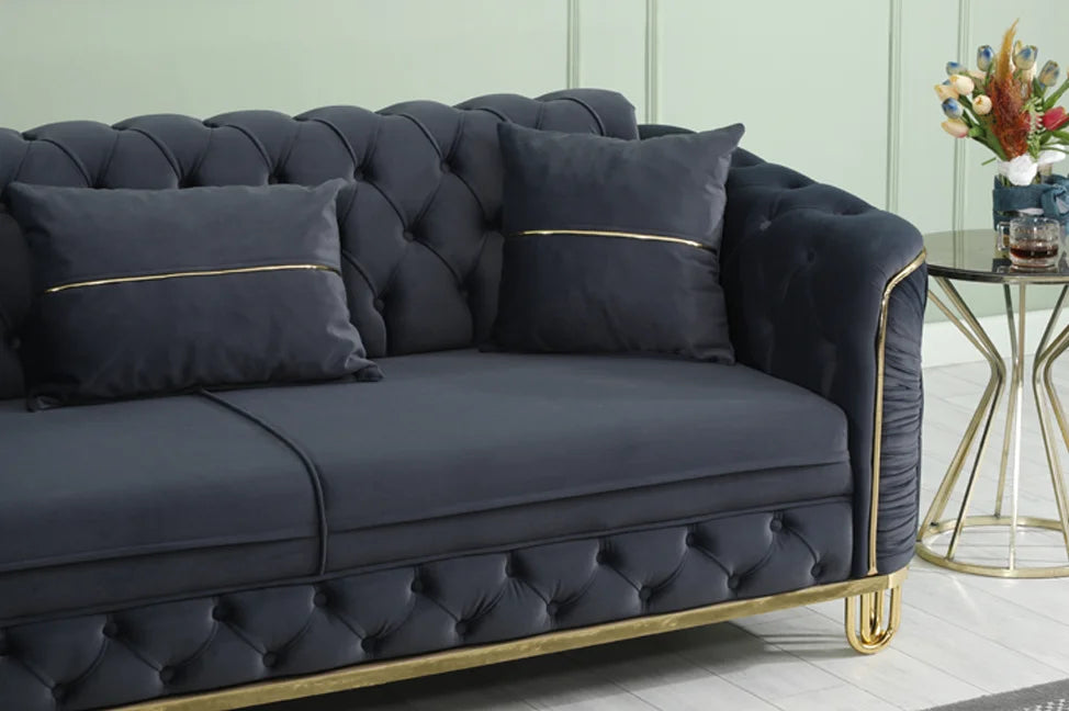 ALMERA Sofa Bed in Black Velvet with Gold Detailing