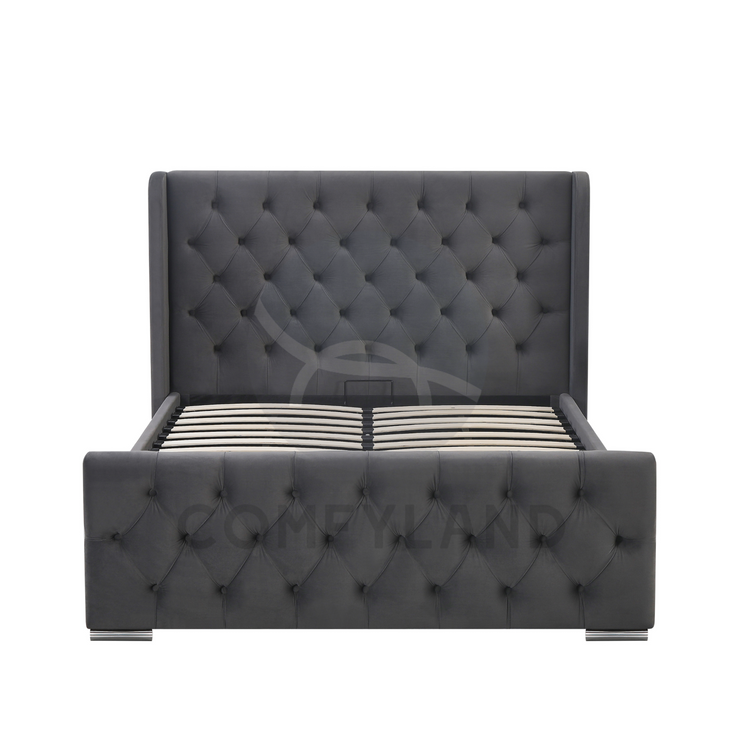 Chesterfield Grey Velvet Storage Bed