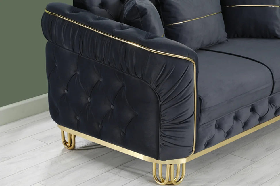 ALMERA Sofa Bed in Black Velvet with Gold Detailing