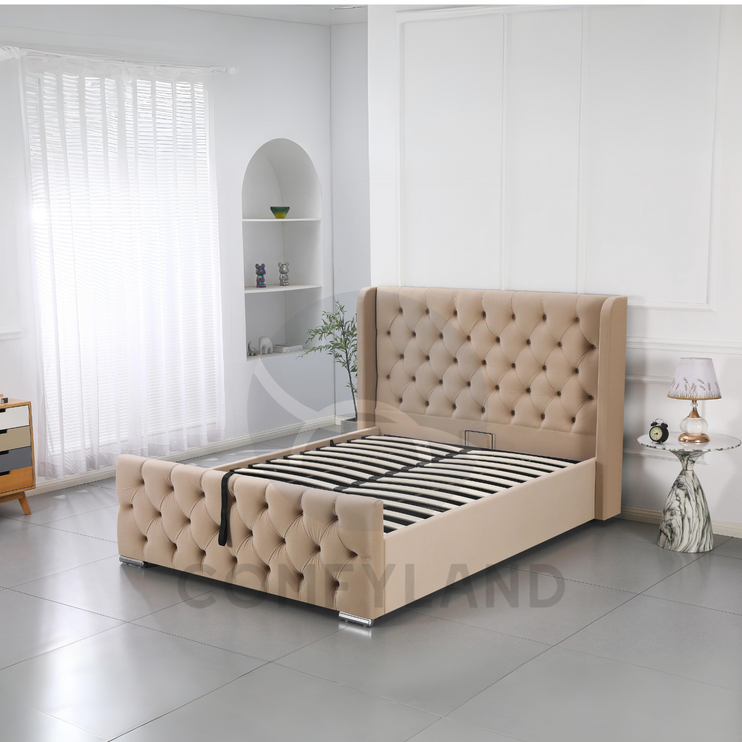 Chesterfield Beige Velvet Storage Bed