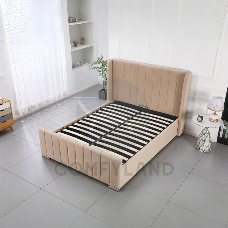 Beige Velvet Storage Bed