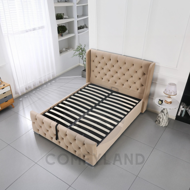 Chesterfield Beige Velvet Storage Bed