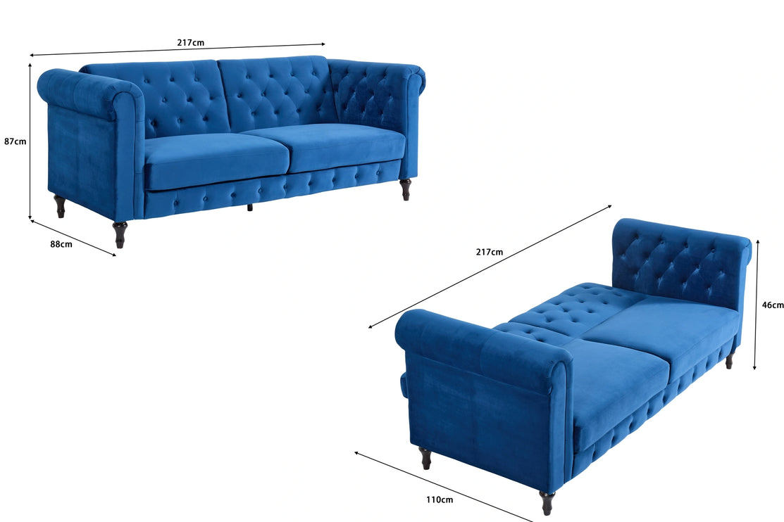 Tuscany Blue Velvet Sofa Bed 3 Seater Button Detail