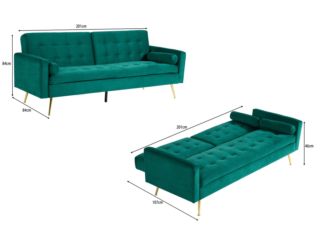 Comfy Velvet 3 Seater Sofa Bed With Contrast Gold Metal Legs Button Detail Click Clack