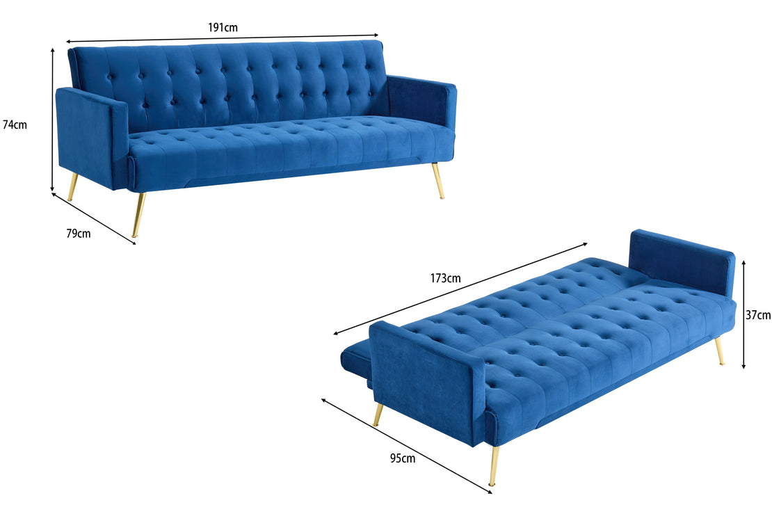 Blue Velvet Convertible Sofa Bed with Gold Metal Legs Button Detail