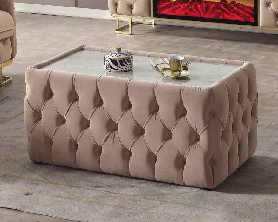 Beige Velvet Coffee Table with Marble Top