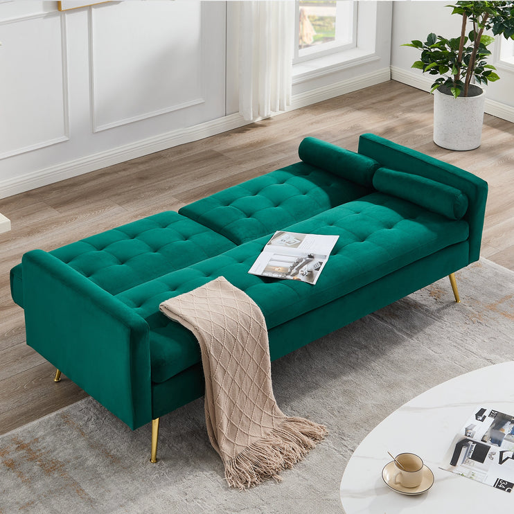 Comfy Velvet 3 Seater Sofa Bed With Contrast Gold Metal Legs Button Detail Click Clack